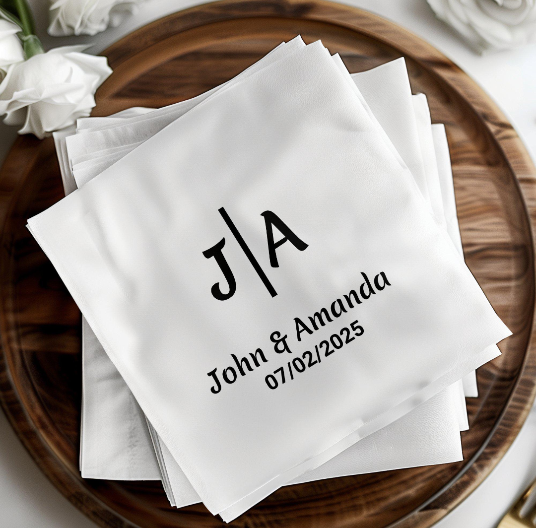 Personalized Wedding Napkins, Custom Monogram Napkins, Initials and Names Napkins, Elegant Wedding Table Decor, Wedding Date Napkins