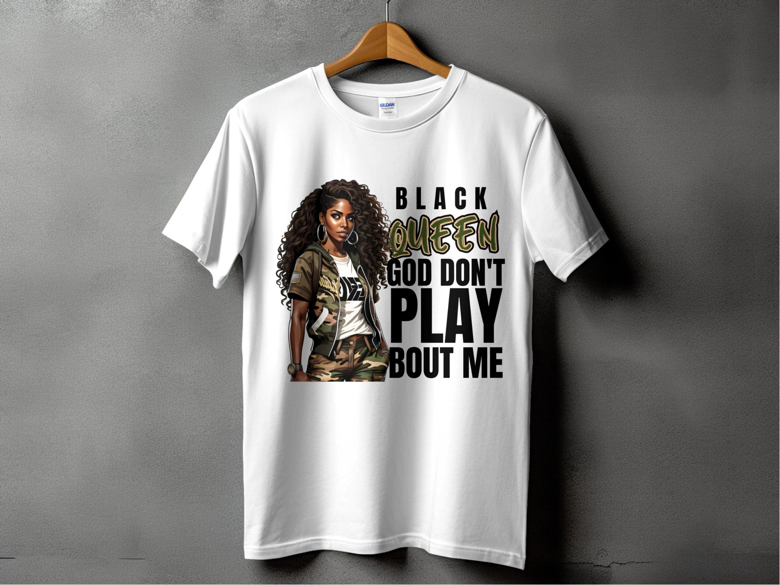Black Queen T-Shirt, God Don't Play Bout Me Tee, Inspirational Digital Art, Confident Black Woman, Camo Outfit, Statement Shirt - Image 2