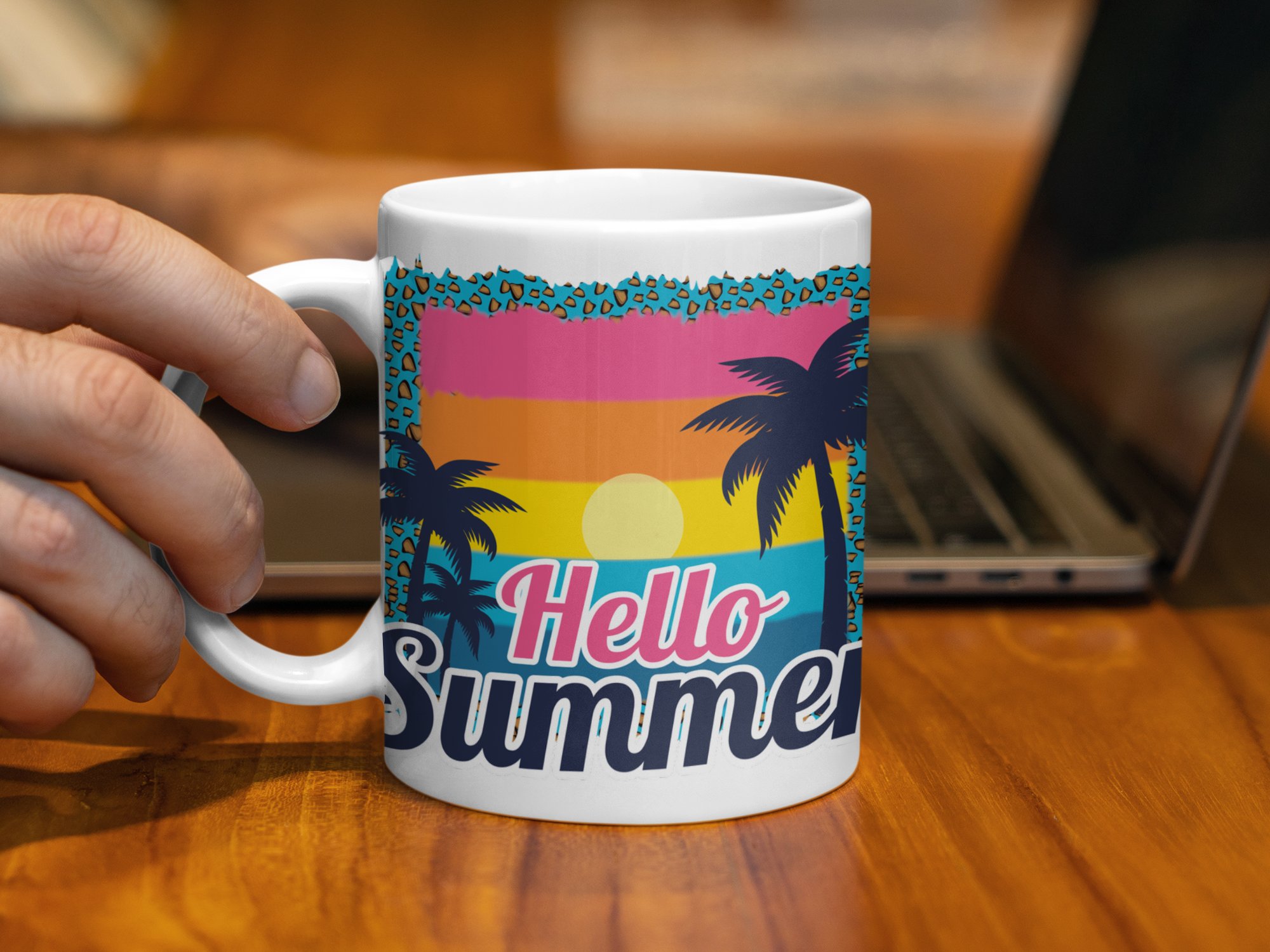 Hello Summer Mug, Retro Beach Sunset Mug, Summer Coffee Cup, Vacation Mug, Tropical Palm Trees Design, Colorful Summer Gift, Beach Lover Mug - Image 3
