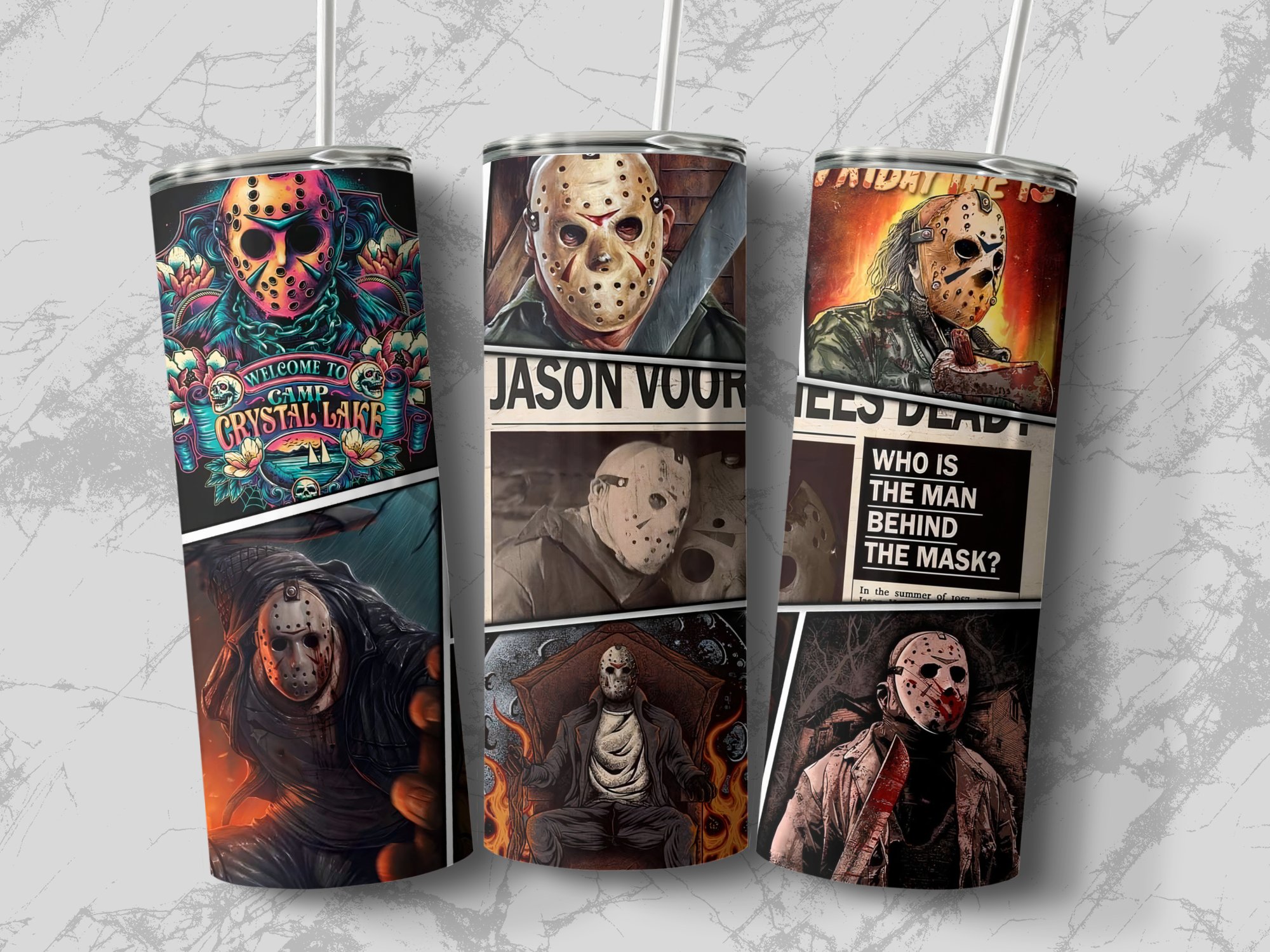 Horror Movie Character 20oz Skinny Tumbler, Scary Mask Design Tumbler, Halloween Themed Tumbler Gift, Unique Horror Merchandise - Image 2