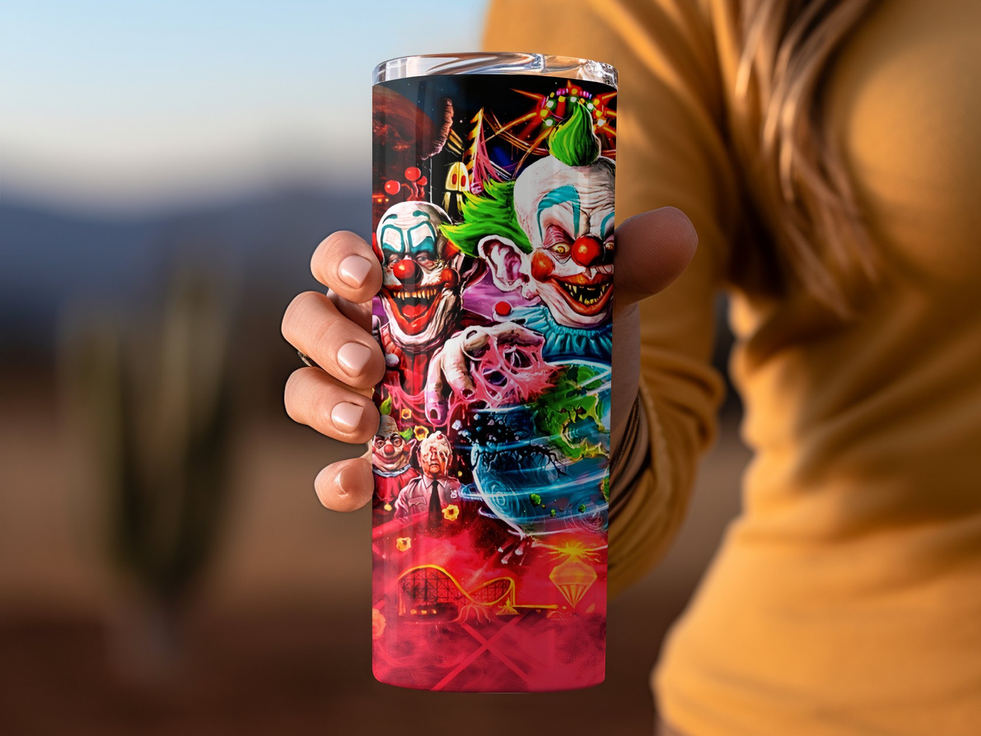Killer Klowns From Outer Space Tumbler, 20oz Skinny Tumbler With Horror Clown Design, Spooky Sci-Fi Insulated Drinkware - Image 3