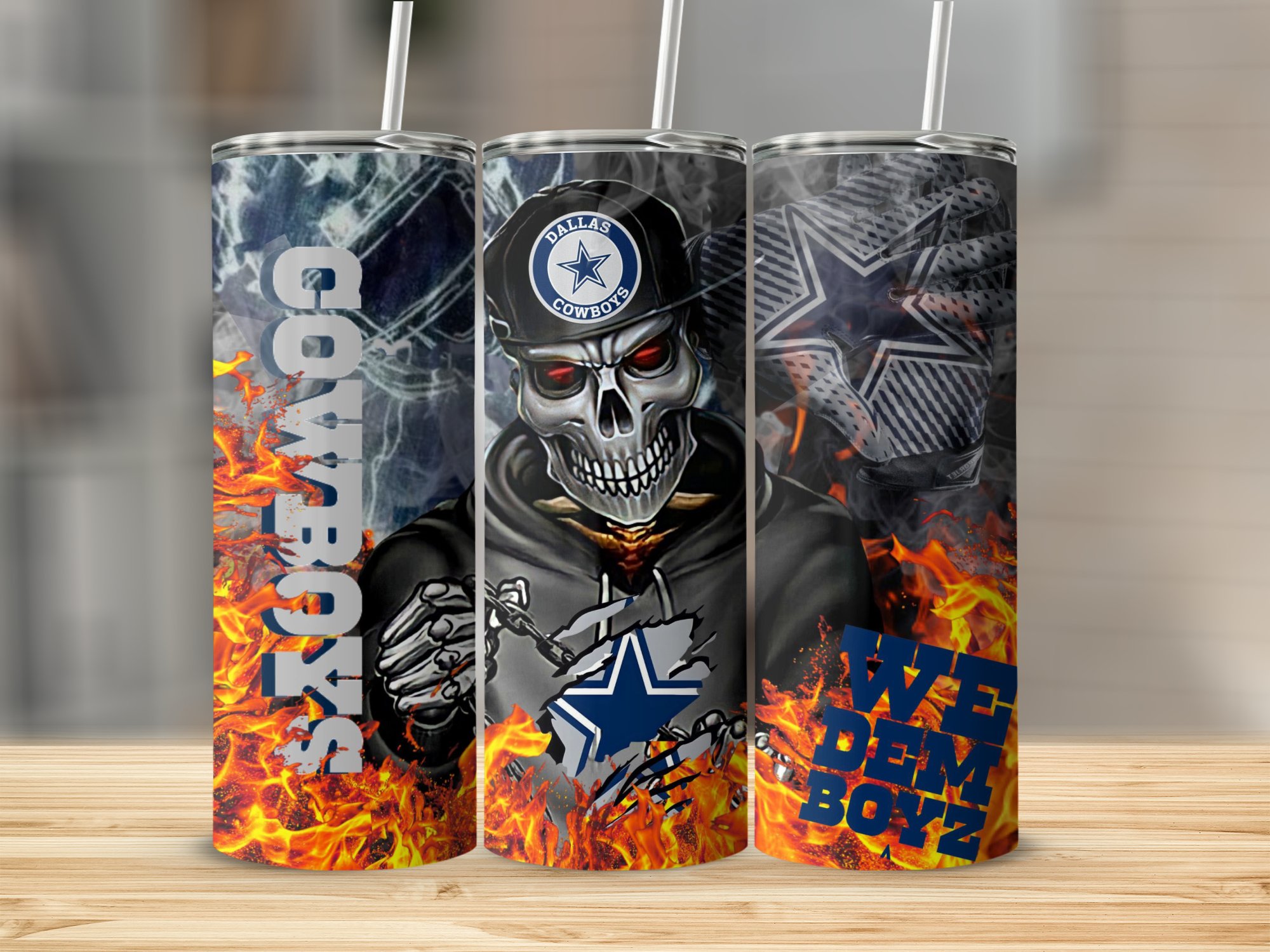 Cowboys Skull Tumbler, Dallas Fan Gift, We Dem Boyz Tumbler, Fire Design Tumbler, Sports Fan Cup, Unique Football Gift - Image 2