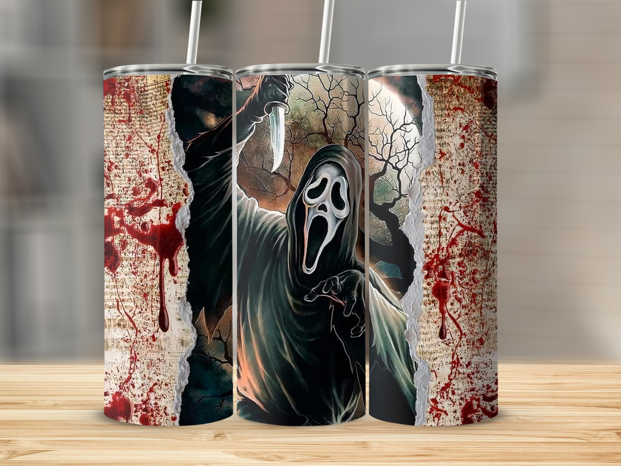Halloween Horror Scream Tumbler, Ghost Face Skinny Tumbler, Scary Movie Inspired Tumbler, 20oz Insulated Drinkware, Gory Art Tumbler