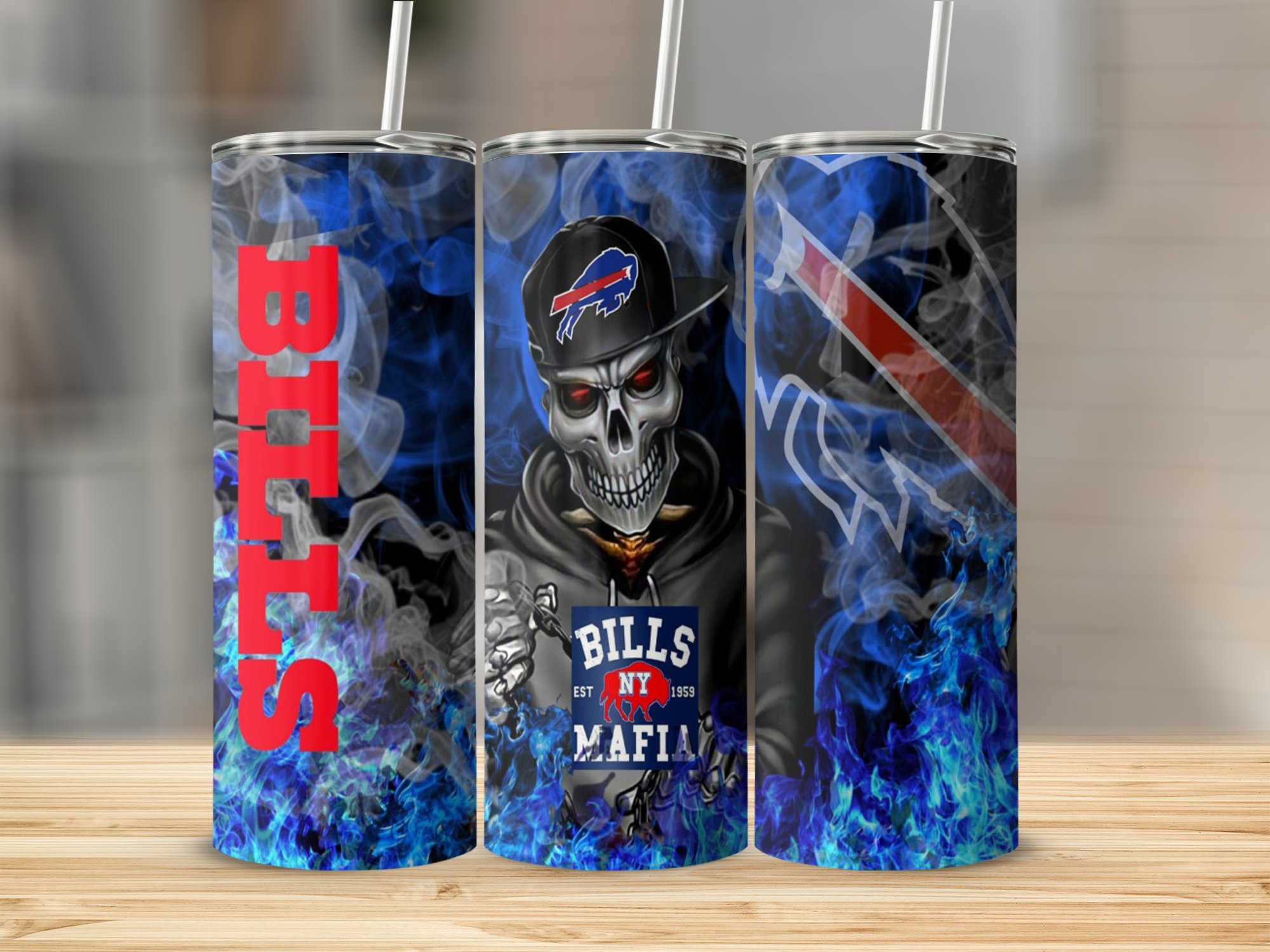 Bills Mafia Tumbler, Skull Fire Design, Buffalo Bills Fan Gift, Unique NFL Merchandise, Cool Football Drinkware - Image 2