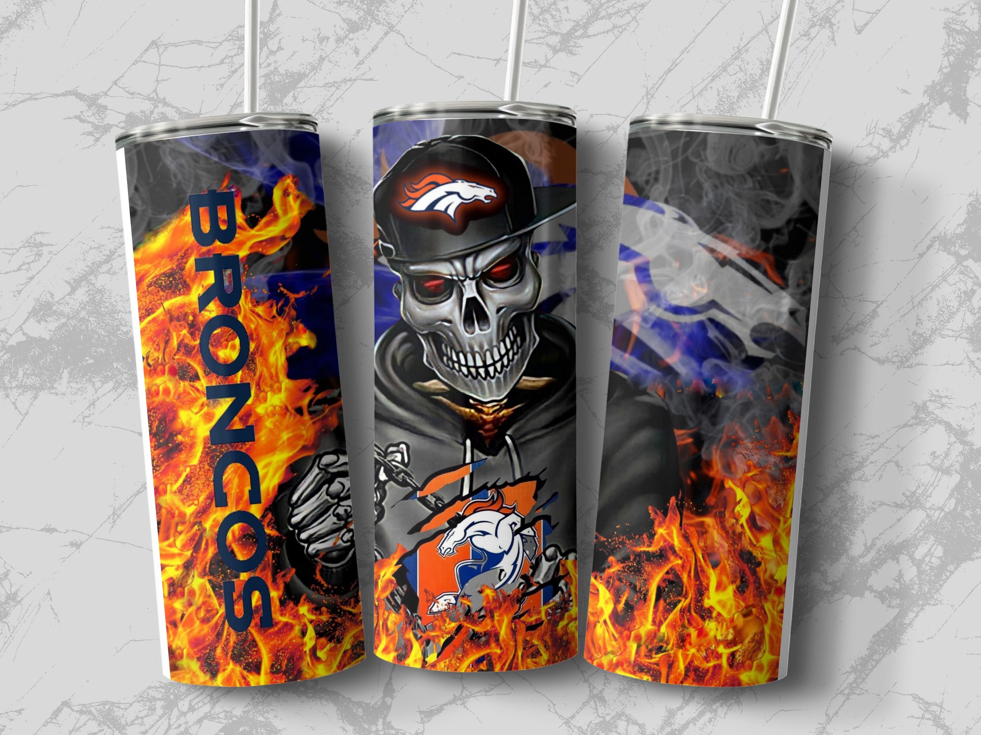 Broncos Skull Helmet Hoodie Design, Fire and Flames Background, Unique Tumbler Gift, Fans, Creative Art, Sports Enthusiast Gift - Image 2