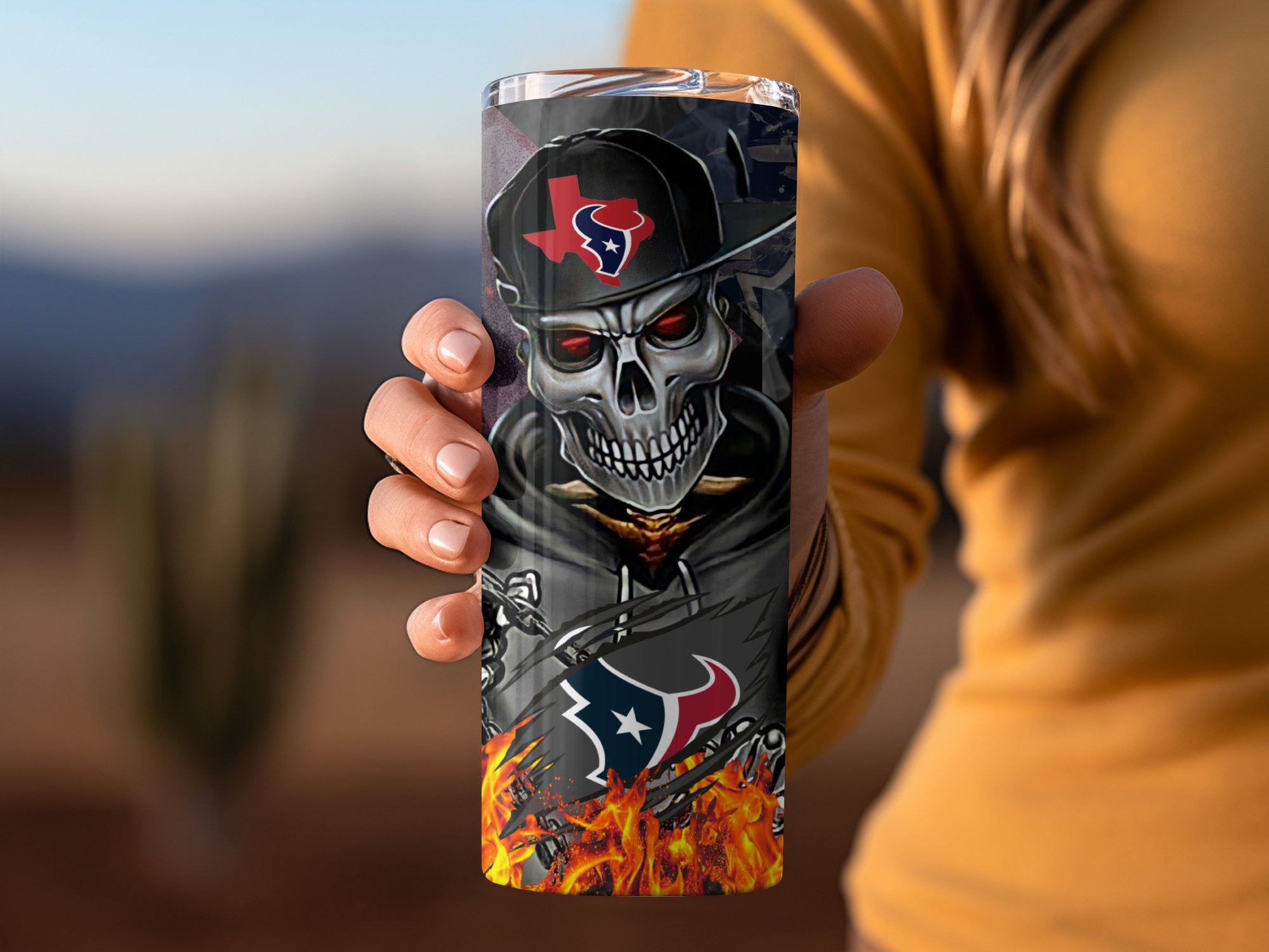 Houston Football Lover Tumbler, Skull Art Design Tumbler, Unique Sports Fan Gift, Water Bottle for Game Day, Flames Skull Tumbler - Image 3