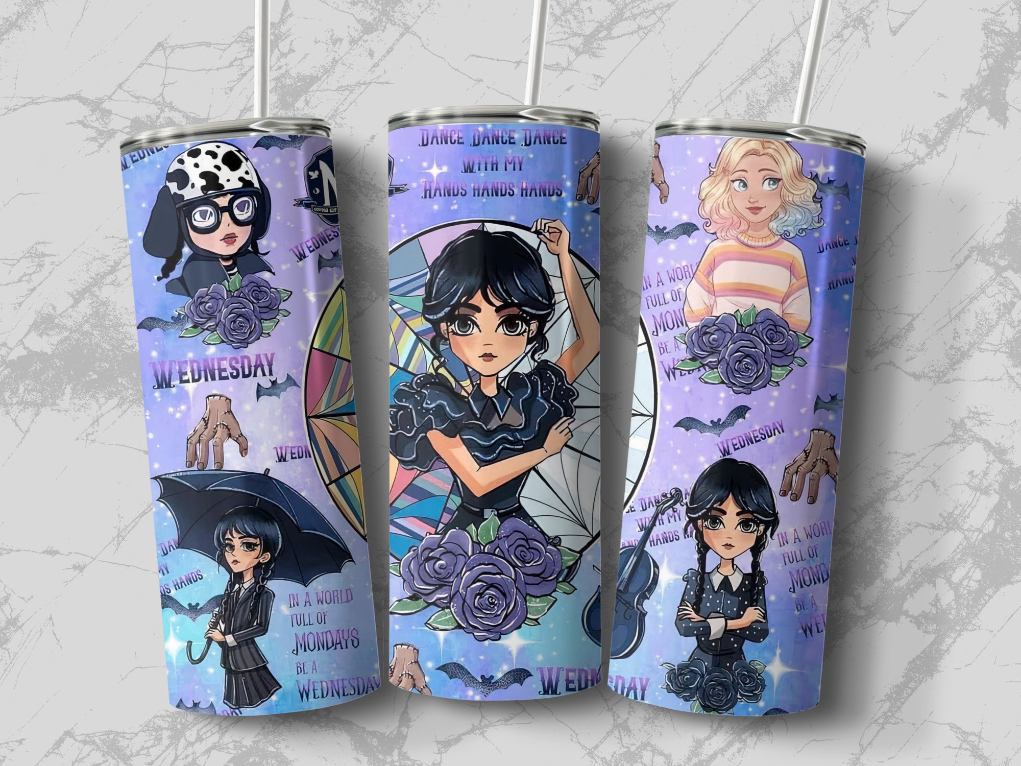 Wednesday Addams 20oz Skinny Tumbler, Goth Character Tumbler, Distinctive Art Tumbler, Dark Aesthetic Tumbler, Trendy Drinkware - Image 2