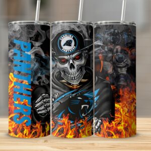 Carolina Panthers logo, fiery background Tumbler, unique NFL fan gift, football fan drinkware, collectible tumbler