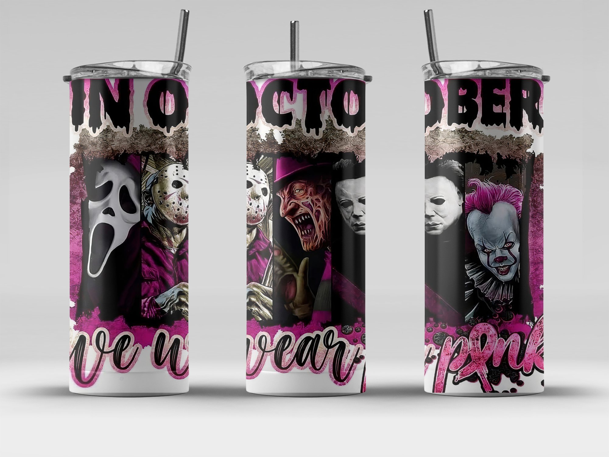Horror Movie Characters Tumbler, In October We Wear Pink, 20oz Skinny Tumbler, Scary Halloween Tumbler, Spooky Drinkware - Image 4