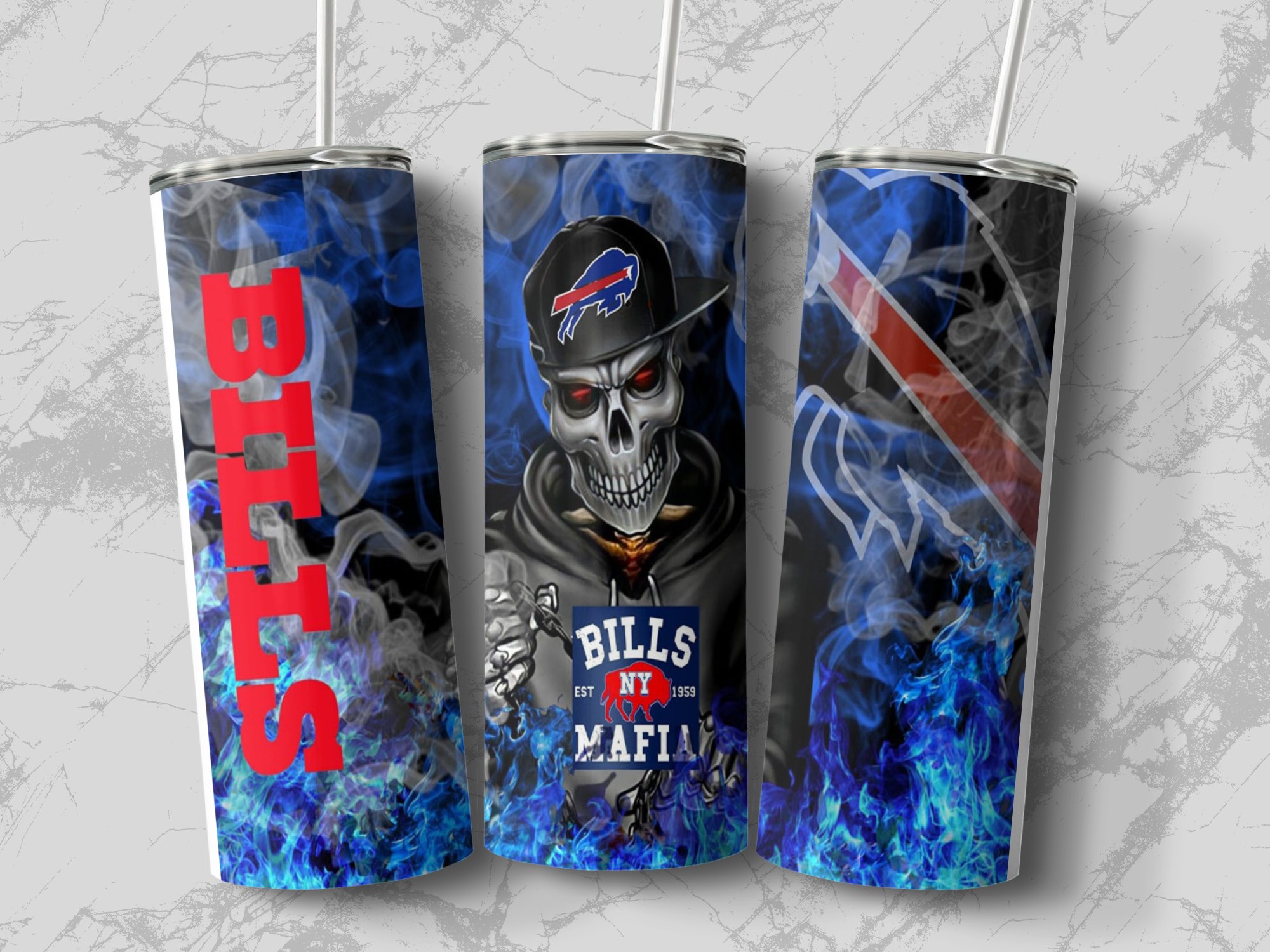Bills Mafia Tumbler, Skull Fire Design, Buffalo Bills Fan Gift, Unique NFL Merchandise, Cool Football Drinkware - Image 3