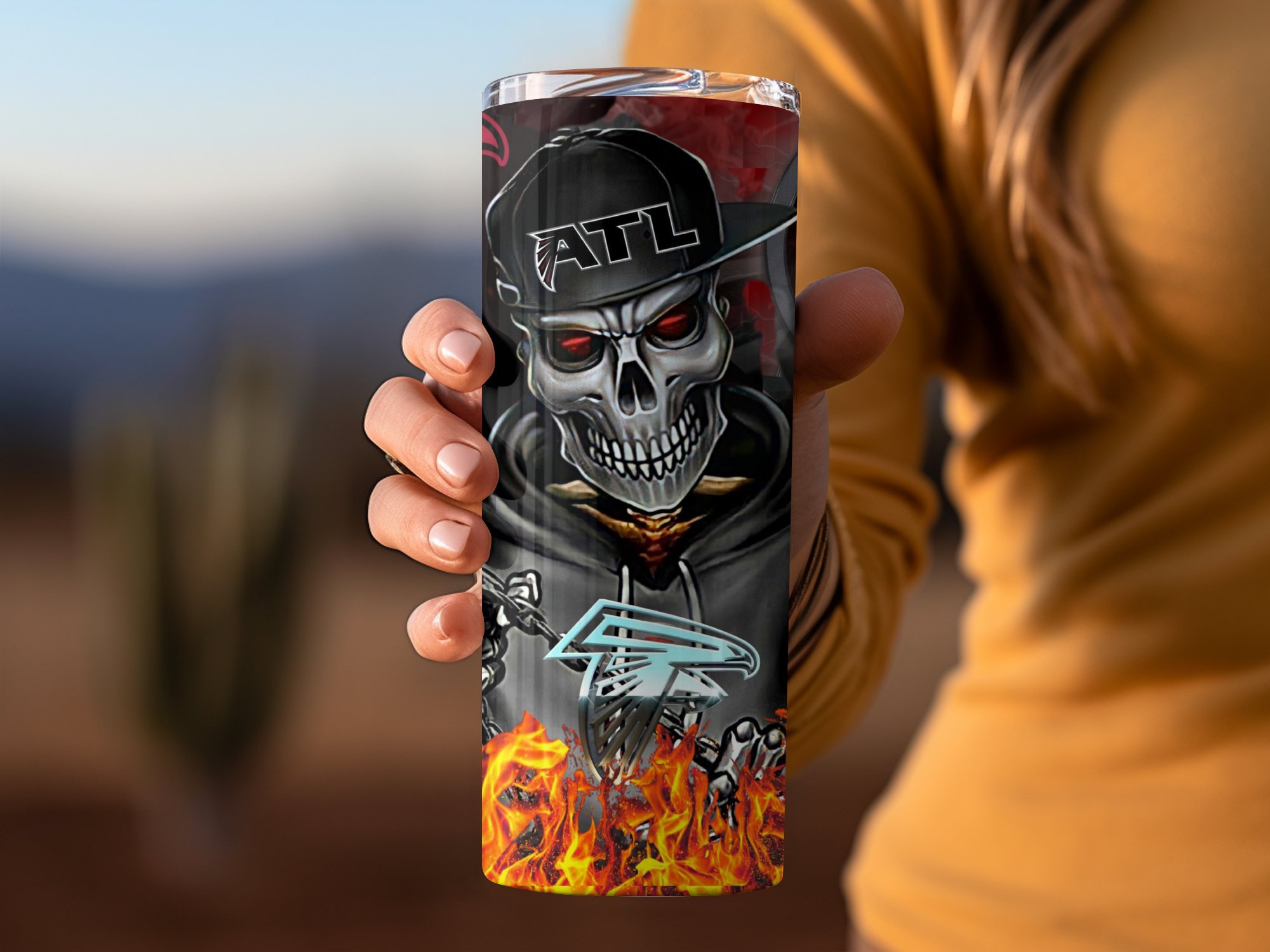 ATL Falcons Skeletal Fan Tumbler, Fire Skull Atlanta Tumbler, Cool ATL Cup, Halloween Inspired Tumbler, Flaming Fanatics Drinkware Gift - Image 4