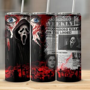 Horror Movie Inspired 20oz Skinny Tumbler, Ghost Mask Design Tumbler, Scary Blood Splatter Travel Cup, Halloween Gift For Horror Fans
