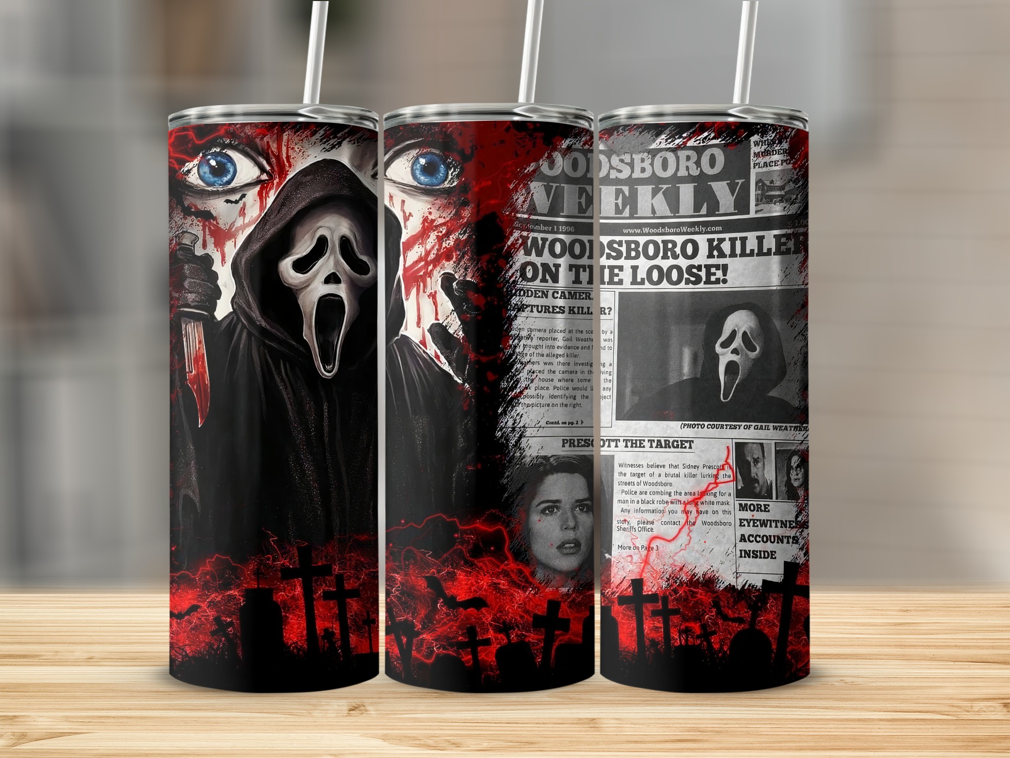 Horror Movie Inspired 20oz Skinny Tumbler, Ghost Mask Design Tumbler, Scary Blood Splatter Travel Cup, Halloween Gift For Horror Fans