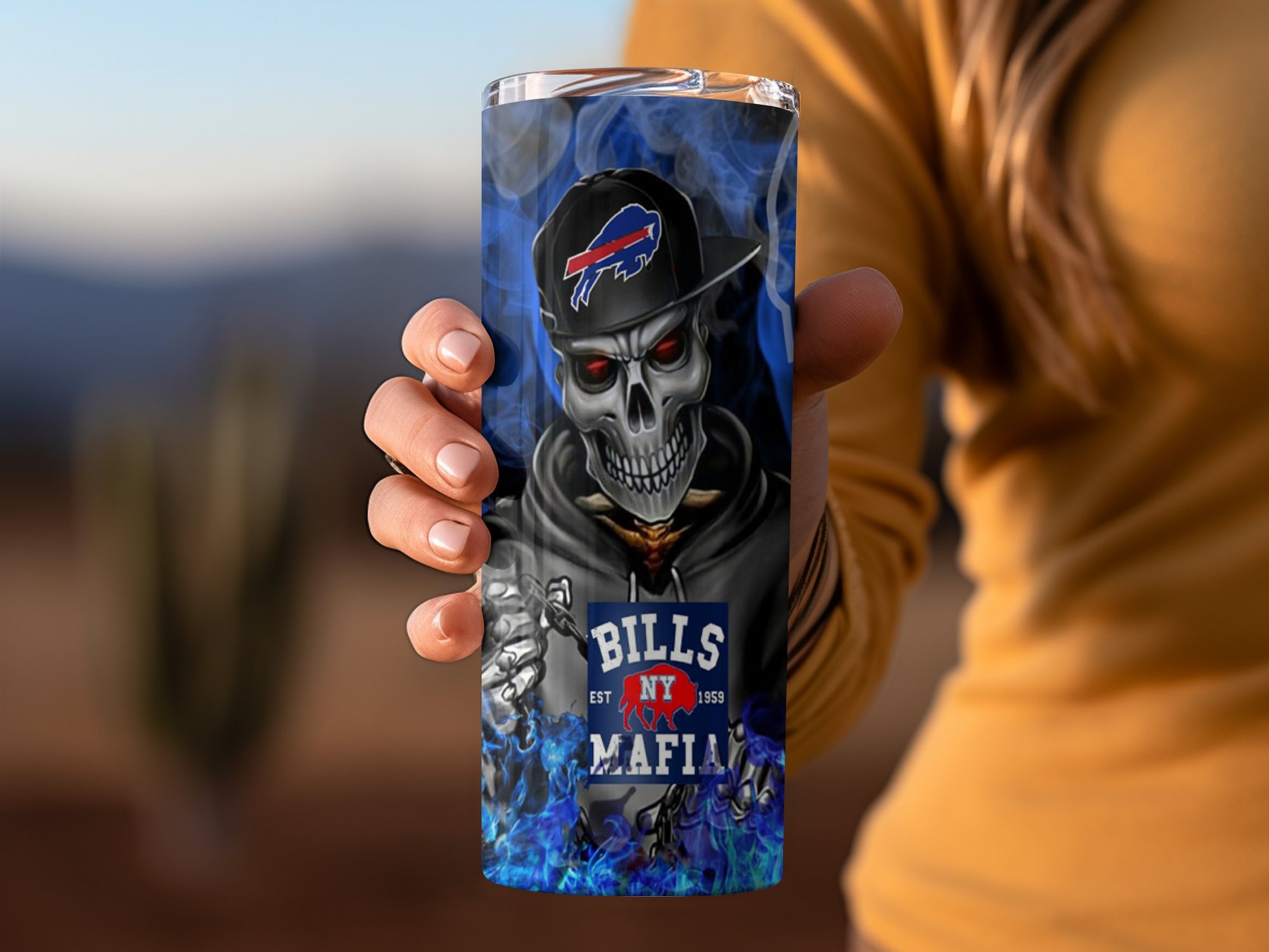 Bills Mafia Tumbler, Skull Fire Design, Buffalo Bills Fan Gift, Unique NFL Merchandise, Cool Football Drinkware - Image 4