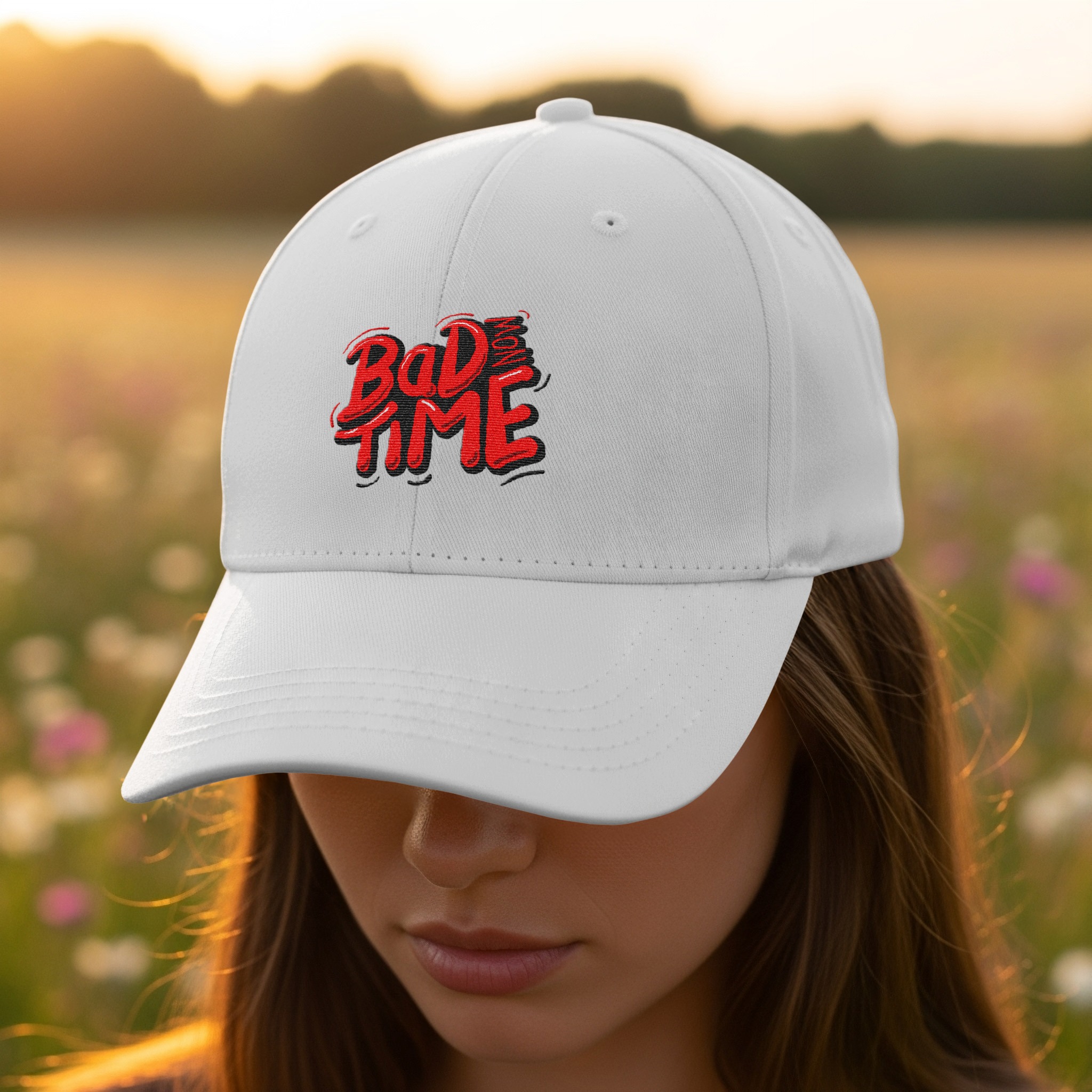 "Bad Time Now" Bold Graphic Slogan Hat - Image 4