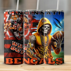 Cincinnati Bengals Football Tumbler, Who Dey Skeleton Design, Sports Fan Gift, NFL Team Merchandise, Unique Skinny Tumbler