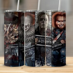 Horror Movie Characters Skinny Tumbler, 20oz Tumbler, Halloween Tumbler, Scary Movie Tumbler, Horror Fan Gift, Creepy Tumbler