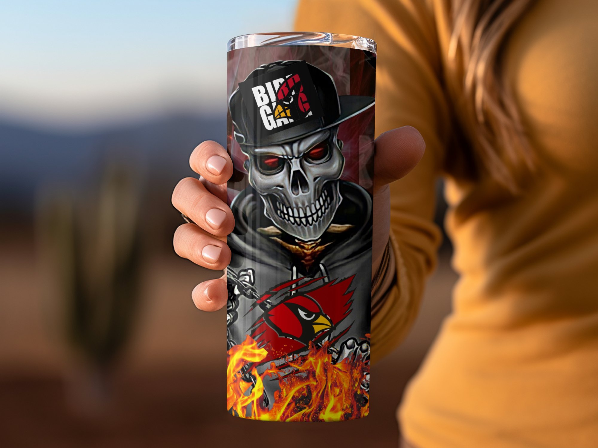 Cardinal Skeleton Tumbler Cup, Skull Design, Customizable, Unique Gift, Halloween Tumbler, Bird Gang Themed Tumbler, Fire Background - Image 4