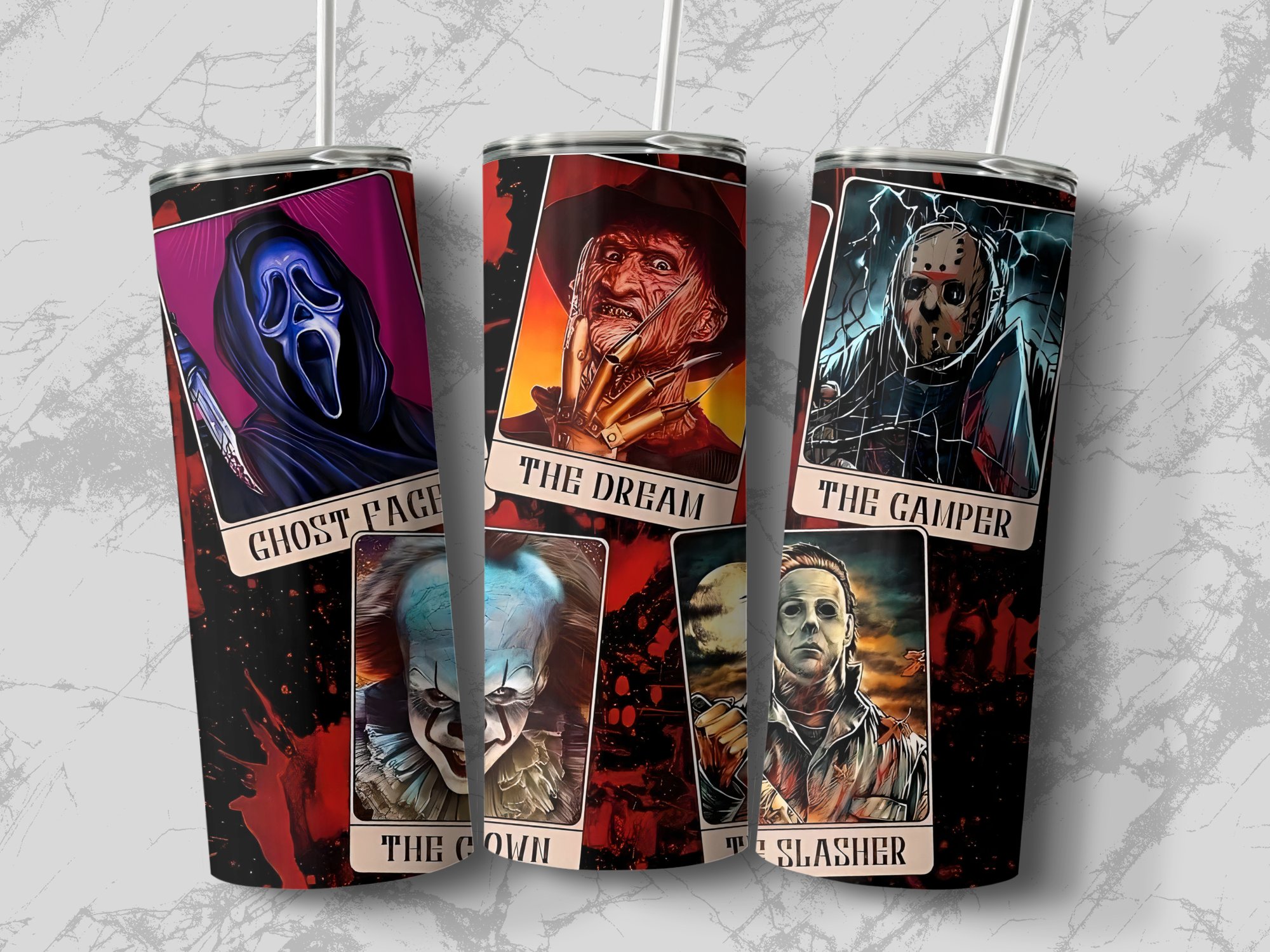 Ghost Face The Dream The Camper The Clown The Slasher Horror Skinny Tumbler, Halloween Characters 20oz Tumbler For Scary Movie Fans - Image 2