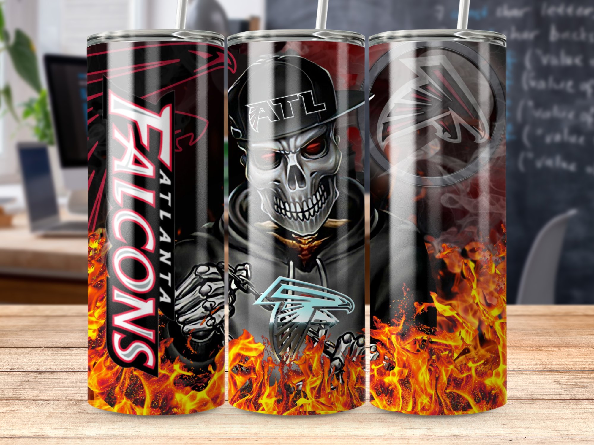 ATL Falcons Skeletal Fan Tumbler, Fire Skull Atlanta Tumbler, Cool ATL Cup, Halloween Inspired Tumbler, Flaming Fanatics Drinkware Gift - Image 5