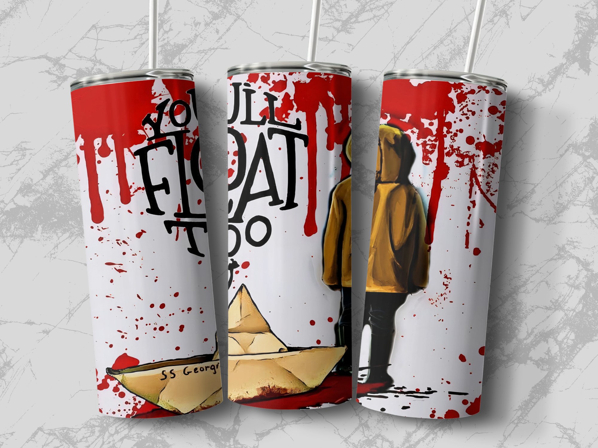 Horror Inspired 20oz Skinny Tumbler, Creepy Clown Fan Art, Unique Gift for Horror Movie Lovers, SS Georgie Art, You'll Float Too Quote - Image 2