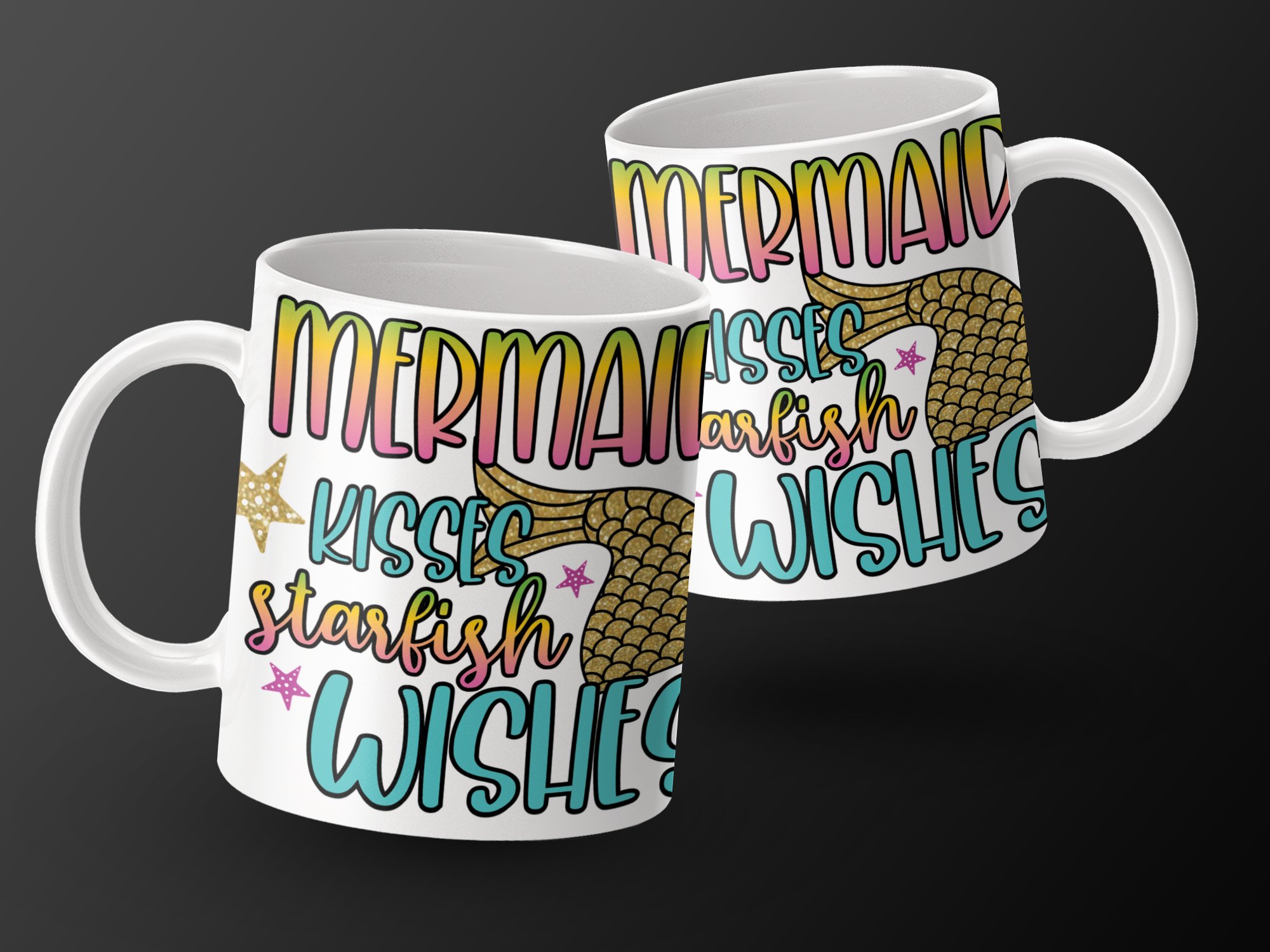 Mermaid Kisses Starfish Wishes Mug, Cute Mermaid Mug, Inspirational Mug, Ocean Theme Mug, Mermaid Tail Mug, Sea Lover Gift Mug