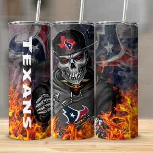 Houston Football Lover Tumbler, Skull Art Design Tumbler, Unique Sports Fan Gift, Water Bottle for Game Day, Flames Skull Tumbler