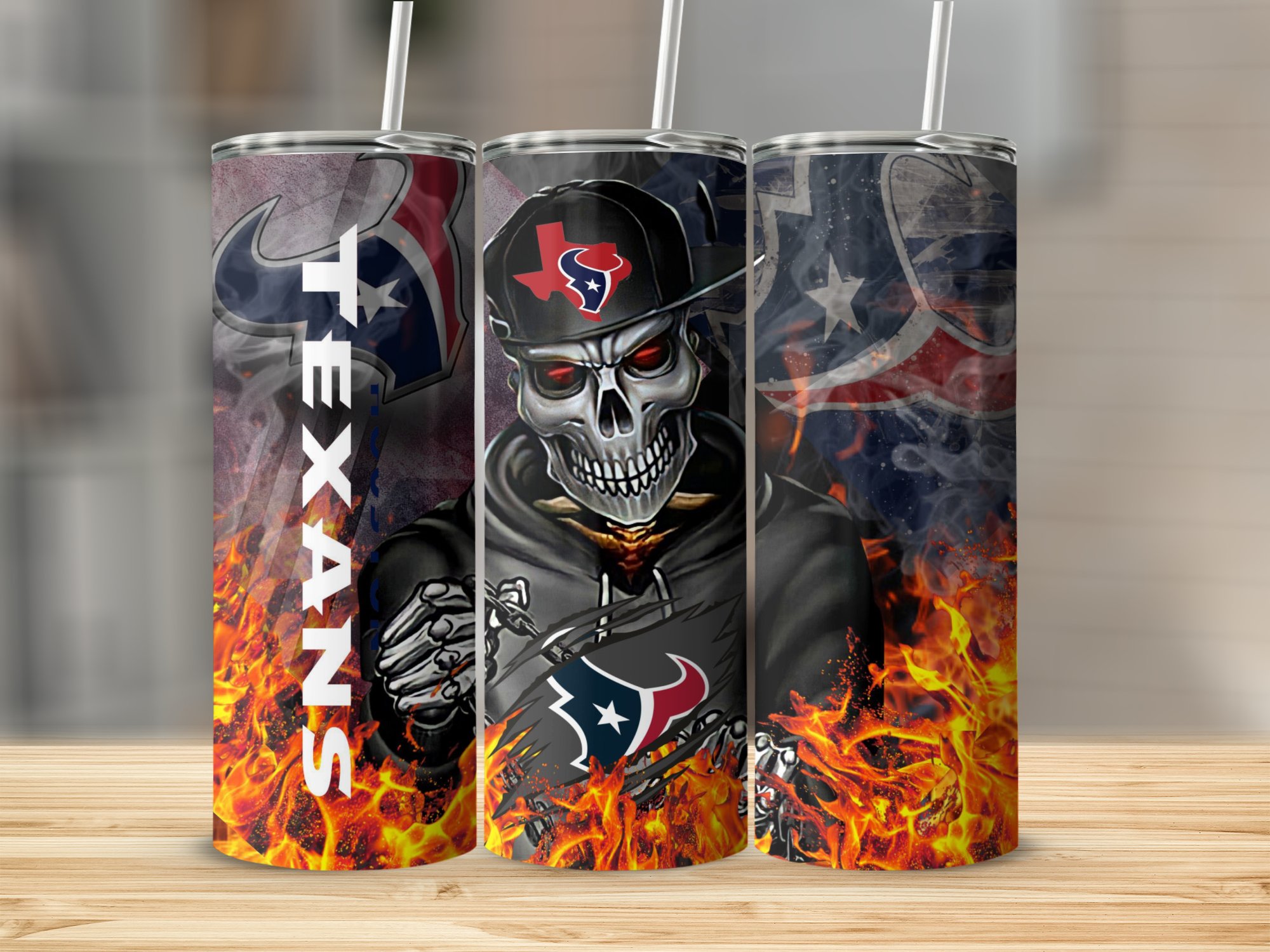 Houston Football Lover Tumbler, Skull Art Design Tumbler, Unique Sports Fan Gift, Water Bottle for Game Day, Flames Skull Tumbler