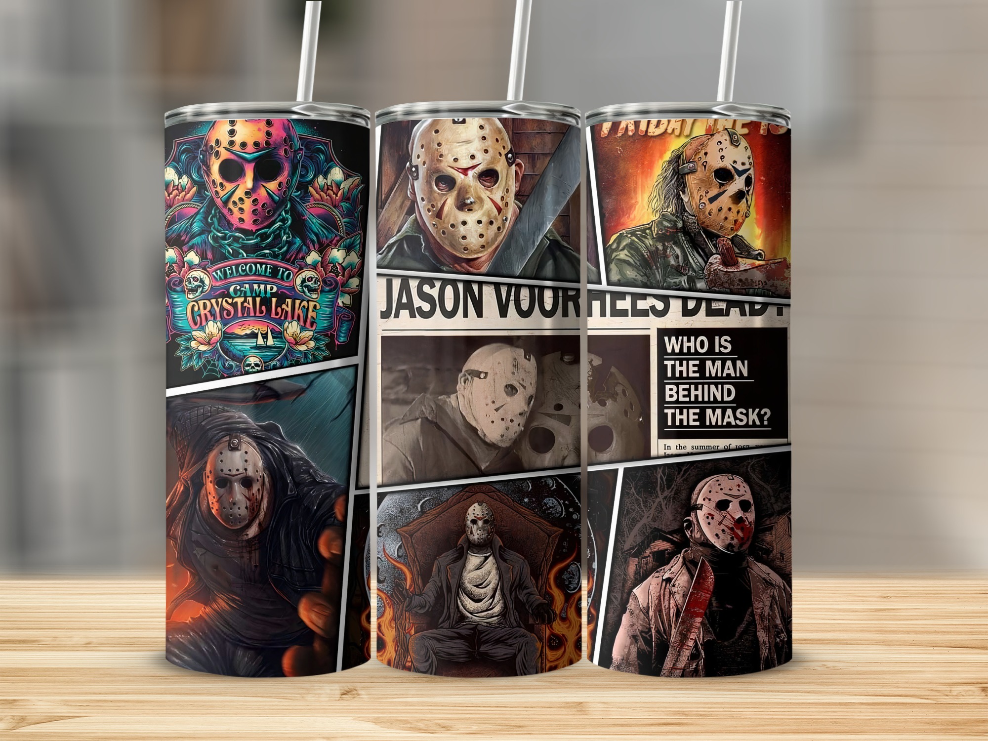 Horror Movie Character 20oz Skinny Tumbler, Scary Mask Design Tumbler, Halloween Themed Tumbler Gift, Unique Horror Merchandise