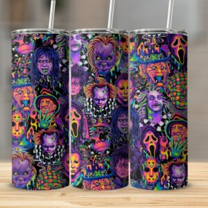 Halloween horror characters pattern, 20oz Skinny Tumbler, spooky scary movie themed tumbler, neon graphic horror cup