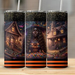 Halloween Witch Skinny Tumbler, Witch at Haunted House Tumbler, Spooky Candy Halloween Tumbler, 20oz Witch Tumbler Cup