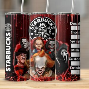 Halloween Horror Movie Villains 20oz Skinny Tumbler, Scary Movie Characters Tumbler, Spooky Starbucks Tumbler, Creepy Halloween Cup