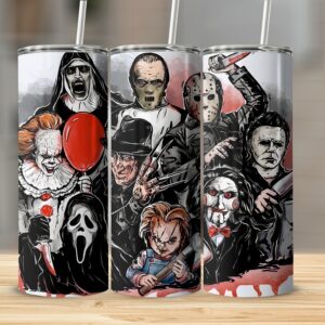 Horror Icon Collage Tumbler, Scary Movie Characters, 20oz Travel Mug, Halloween Gift, Creepy Villains Art, Reusable Skinny Tumbler