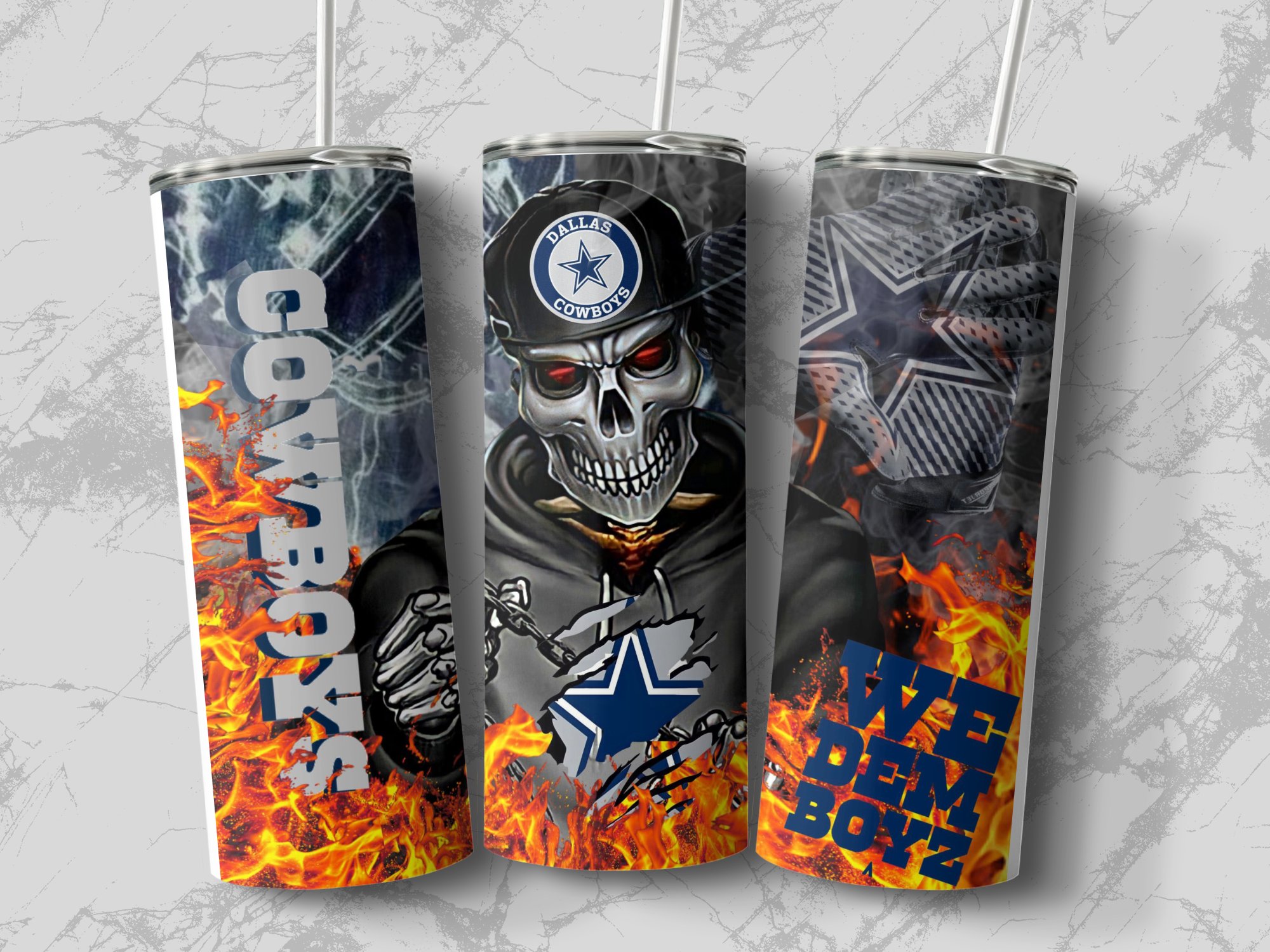 Cowboys Skull Tumbler, Dallas Fan Gift, We Dem Boyz Tumbler, Fire Design Tumbler, Sports Fan Cup, Unique Football Gift - Image 3