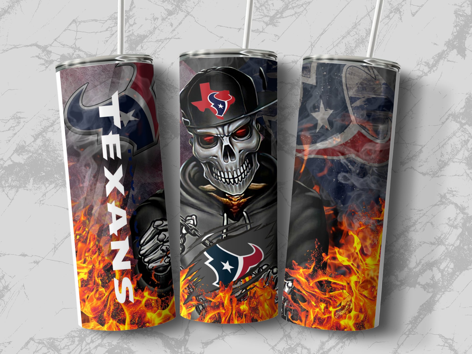 Houston Football Lover Tumbler, Skull Art Design Tumbler, Unique Sports Fan Gift, Water Bottle for Game Day, Flames Skull Tumbler - Image 2