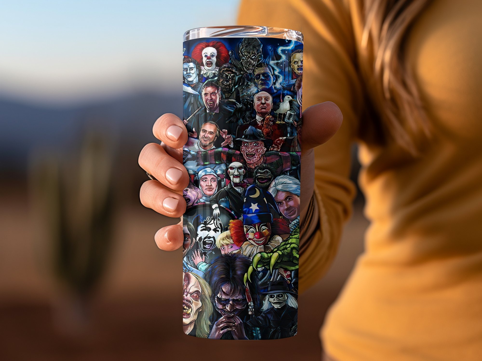 Horror Movie Characters Collage Tumbler, 20oz Skinny Tumbler, Classic Horror Icons Design, Scary Movie Fan Gift, Horror Lover Cup - Image 2