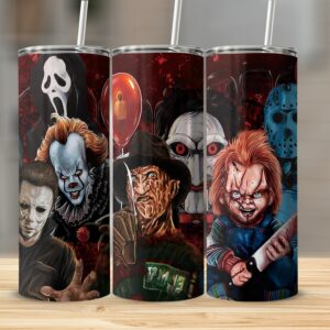 Horror Movie Icons Tumbler, 20oz Skinny Tumbler for Horror Fans, Halloween Gift Tumbler, Creepy Characters Tumbler, Scary Movie Fan Tumbler
