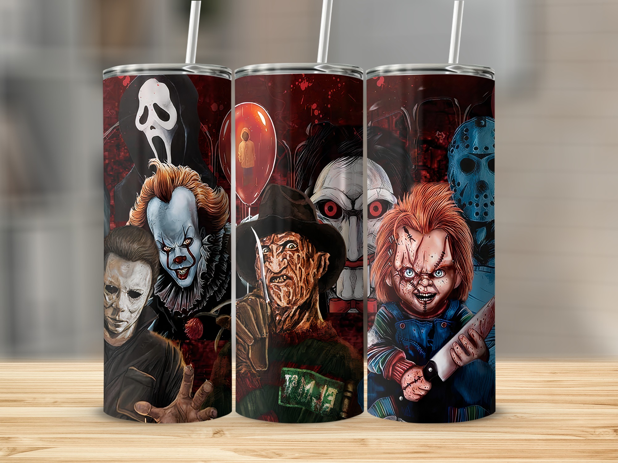 Horror Movie Icons Tumbler, 20oz Skinny Tumbler for Horror Fans, Halloween Gift Tumbler, Creepy Characters Tumbler, Scary Movie Fan Tumbler