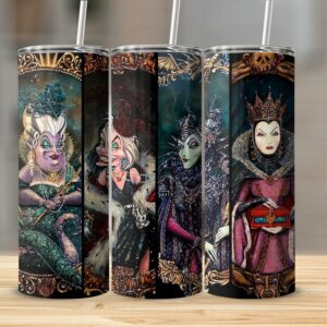Villain Themed 20oz Skinny Tumbler, Evil Queen Tumbler, Maleficent Tumbler, Unique Villain Art Tumbler, Cruella De Vil Tumbler