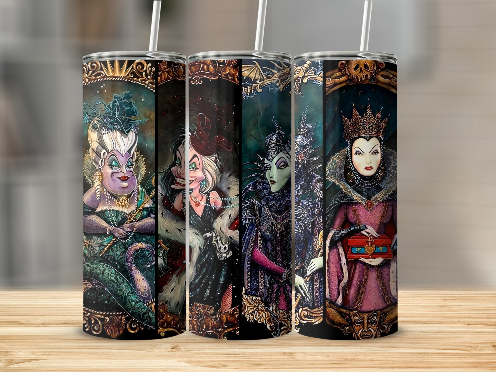 Villain Themed 20oz Skinny Tumbler, Evil Queen Tumbler, Maleficent Tumbler, Unique Villain Art Tumbler, Cruella De Vil Tumbler