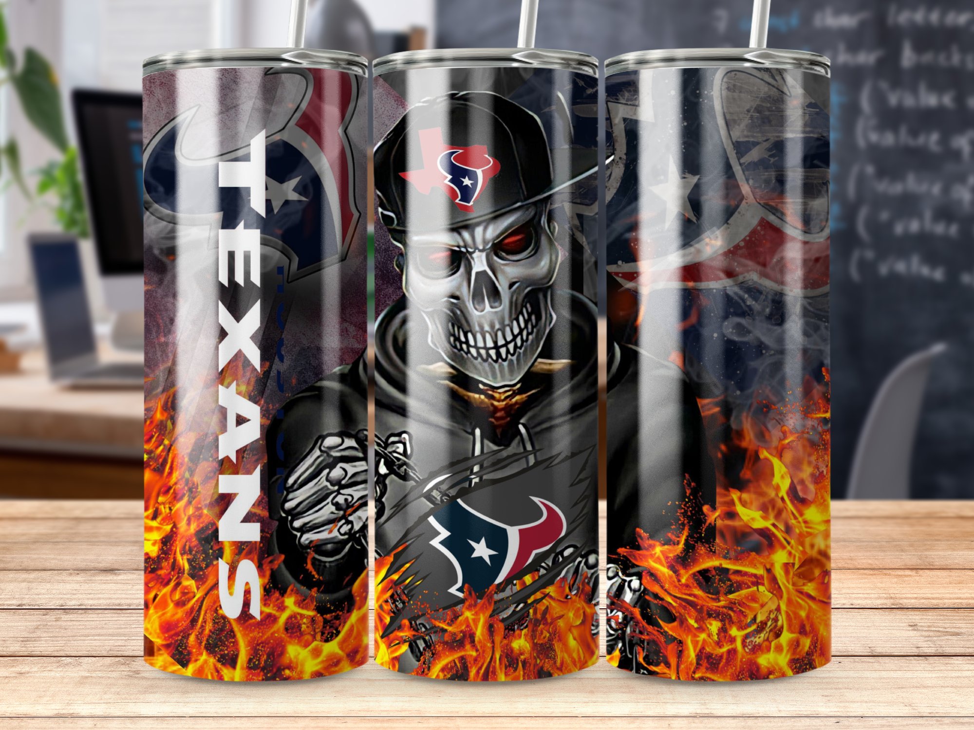 Houston Football Lover Tumbler, Skull Art Design Tumbler, Unique Sports Fan Gift, Water Bottle for Game Day, Flames Skull Tumbler - Image 4
