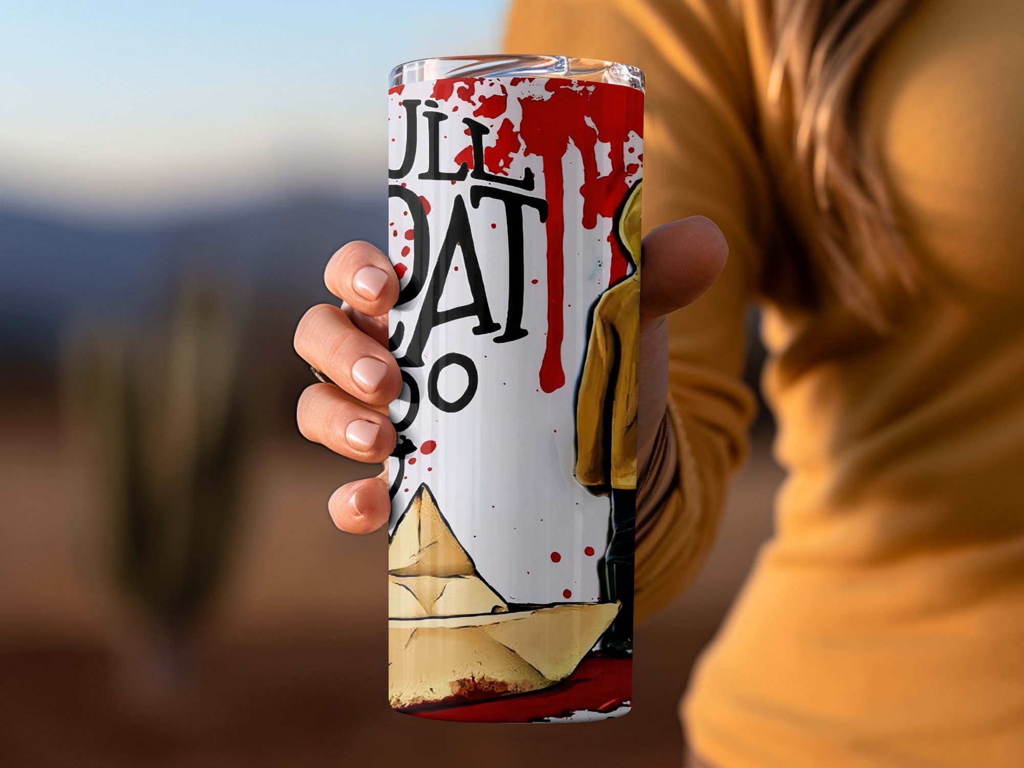 Horror Inspired 20oz Skinny Tumbler, Creepy Clown Fan Art, Unique Gift for Horror Movie Lovers, SS Georgie Art, You'll Float Too Quote - Image 3