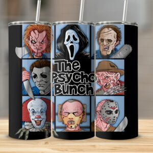 The Psycho Bunch 20oz Skinny Tumbler, Horror Movie Character Tumbler, Scary Movie Merch, Gift for Horror Fans, Halloween Tumbler, Unique