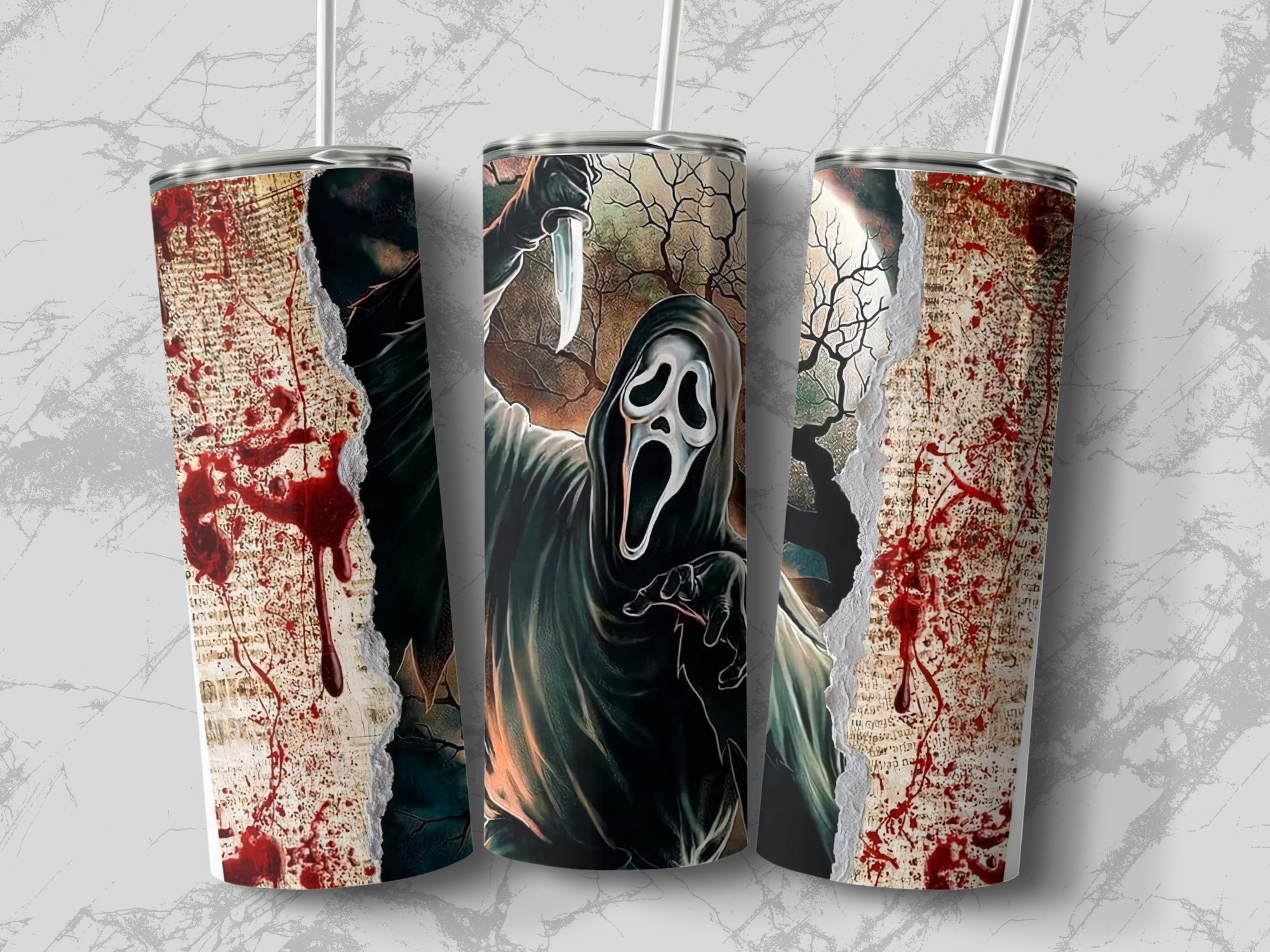 Halloween Horror Scream Tumbler, Ghost Face Skinny Tumbler, Scary Movie Inspired Tumbler, 20oz Insulated Drinkware, Gory Art Tumbler - Image 2