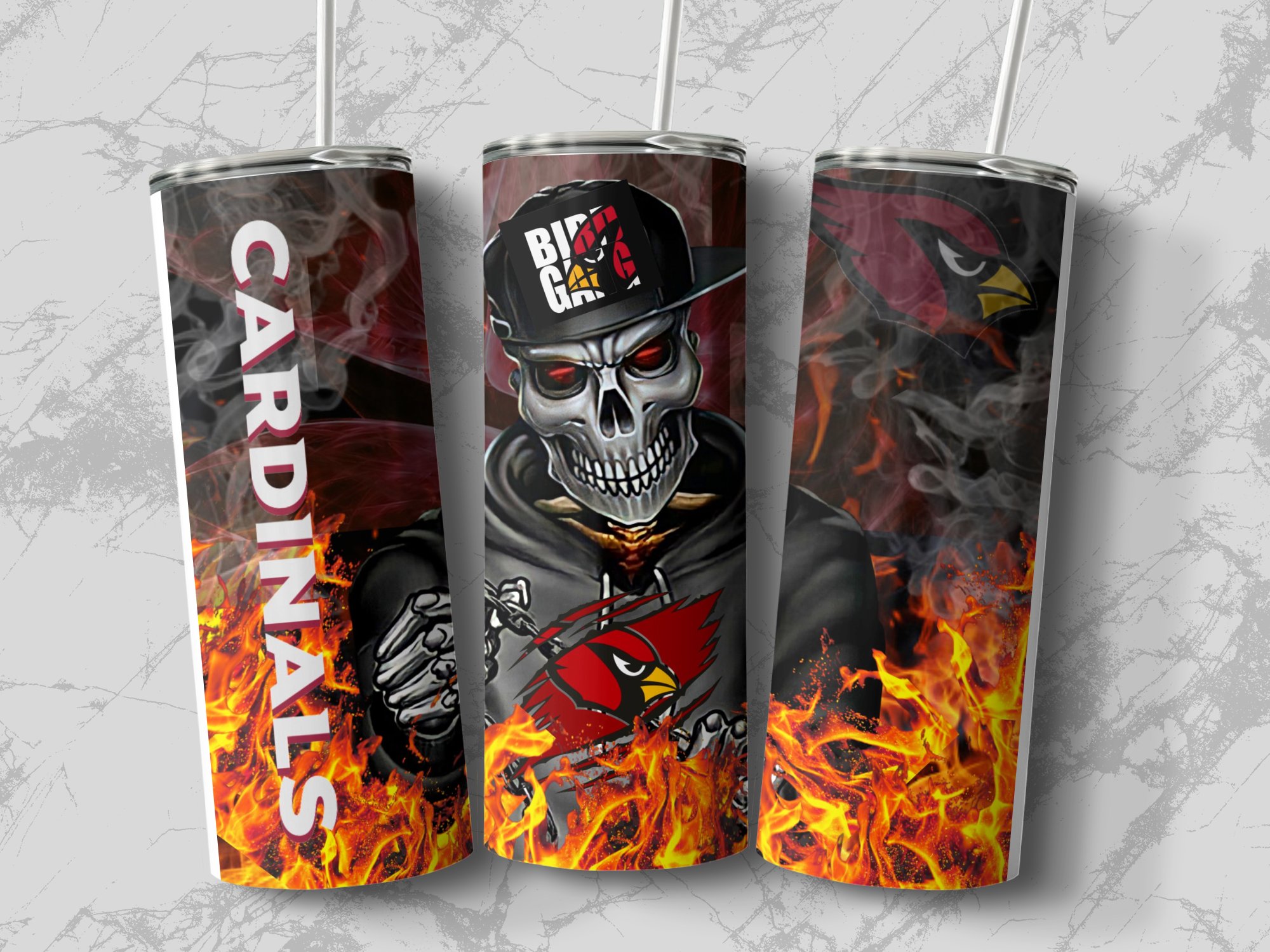 Cardinal Skeleton Tumbler Cup, Skull Design, Customizable, Unique Gift, Halloween Tumbler, Bird Gang Themed Tumbler, Fire Background - Image 3