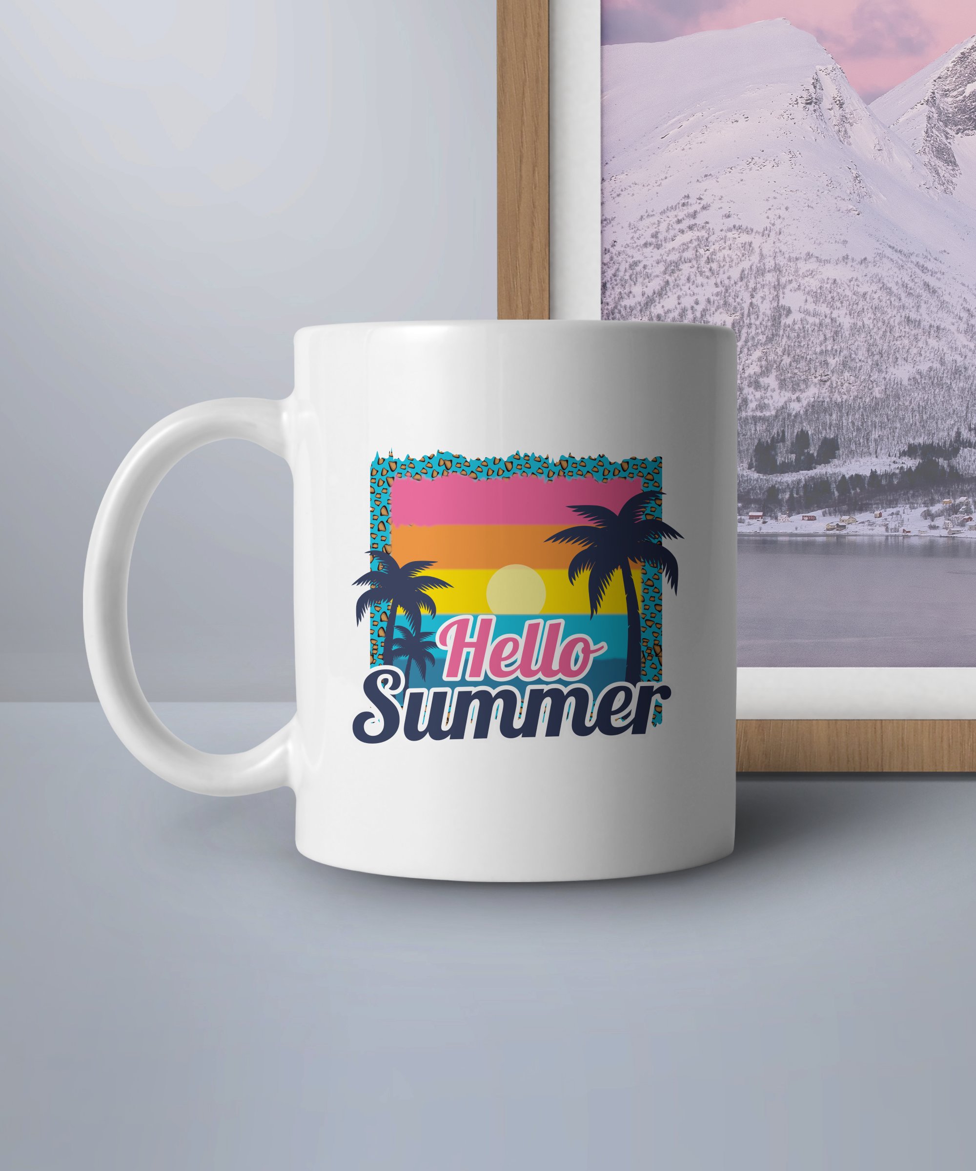 Hello Summer Mug, Retro Beach Sunset Mug, Summer Coffee Cup, Vacation Mug, Tropical Palm Trees Design, Colorful Summer Gift, Beach Lover Mug - Image 4