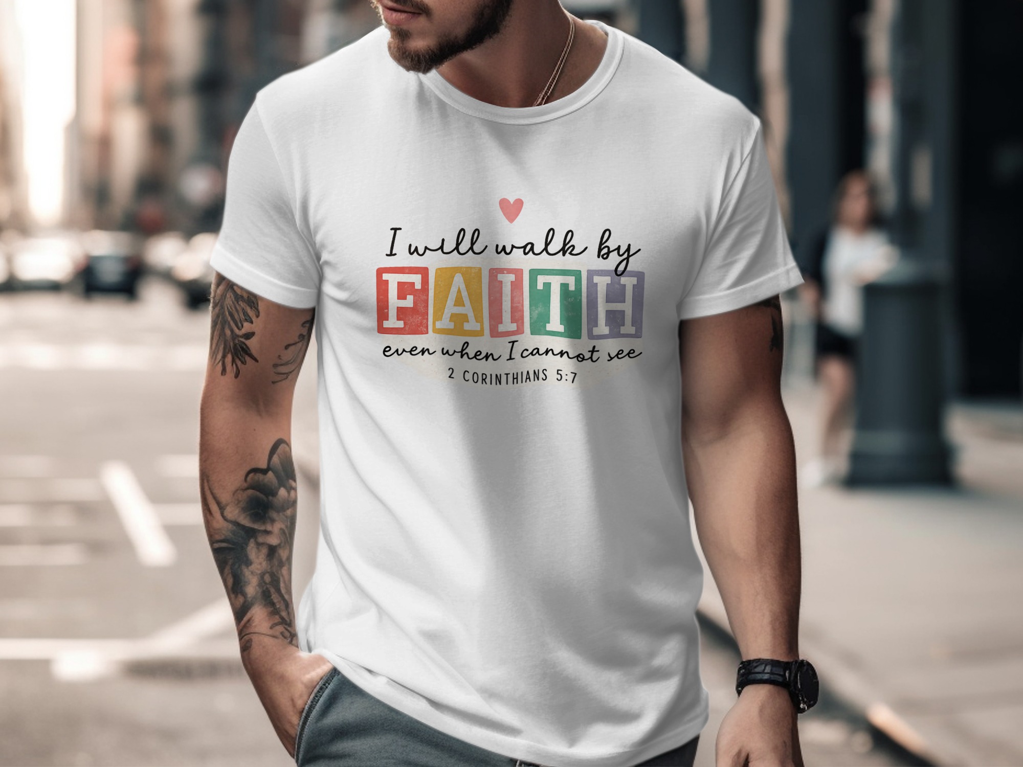 Walk by Faith T-Shirt | 2 Corinthians 5:7 Christian Verse - Image 4