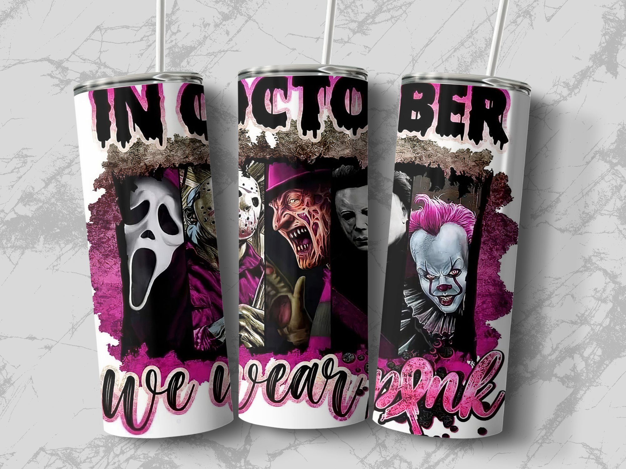 Horror Movie Characters Tumbler, In October We Wear Pink, 20oz Skinny Tumbler, Scary Halloween Tumbler, Spooky Drinkware - Image 2