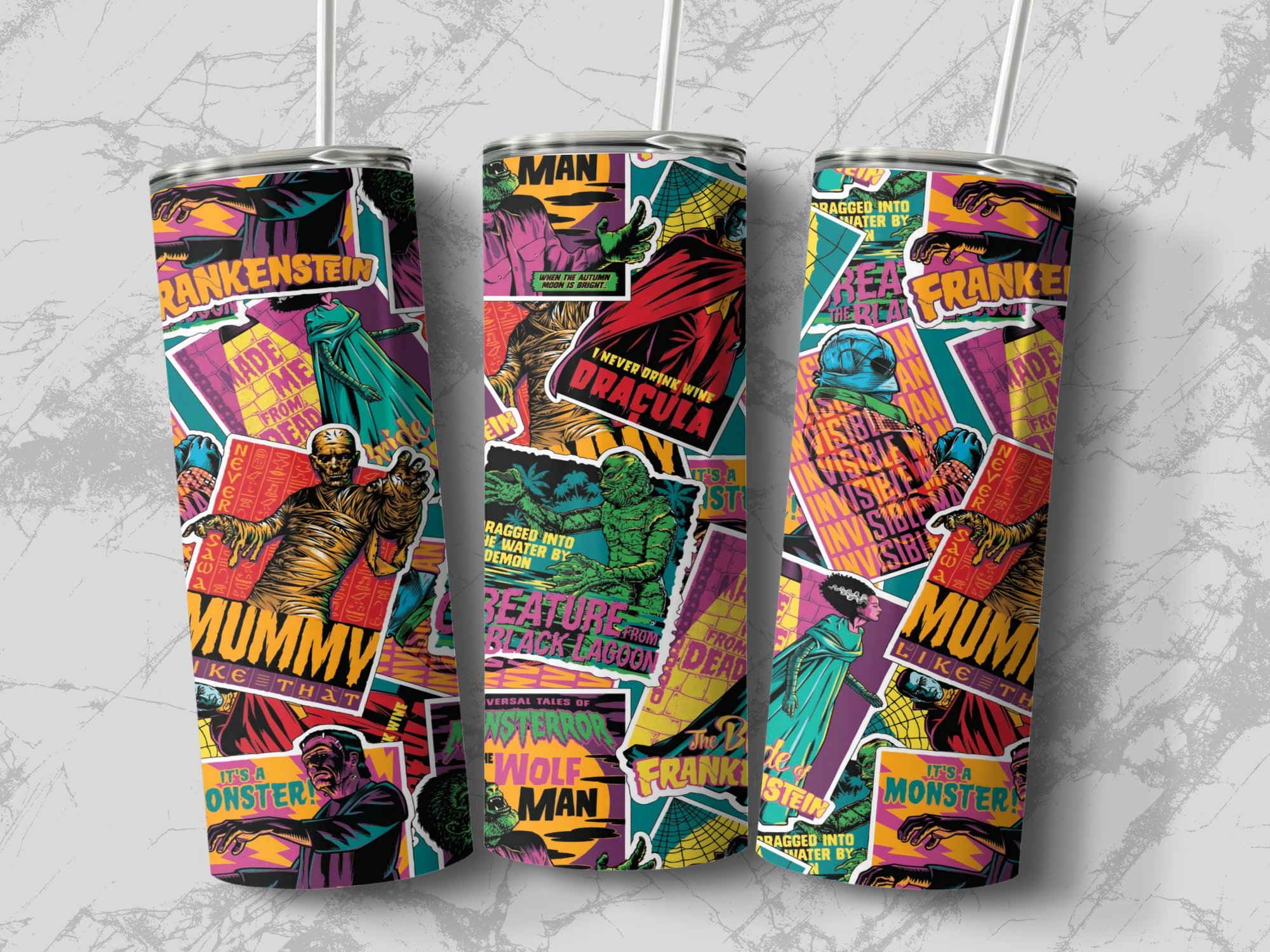 Classic Horror Movie Characters Collage 20oz Skinny Tumbler, Frankenstein Dracula Mummy Design, Vintage Horror Fans Gift - Image 2
