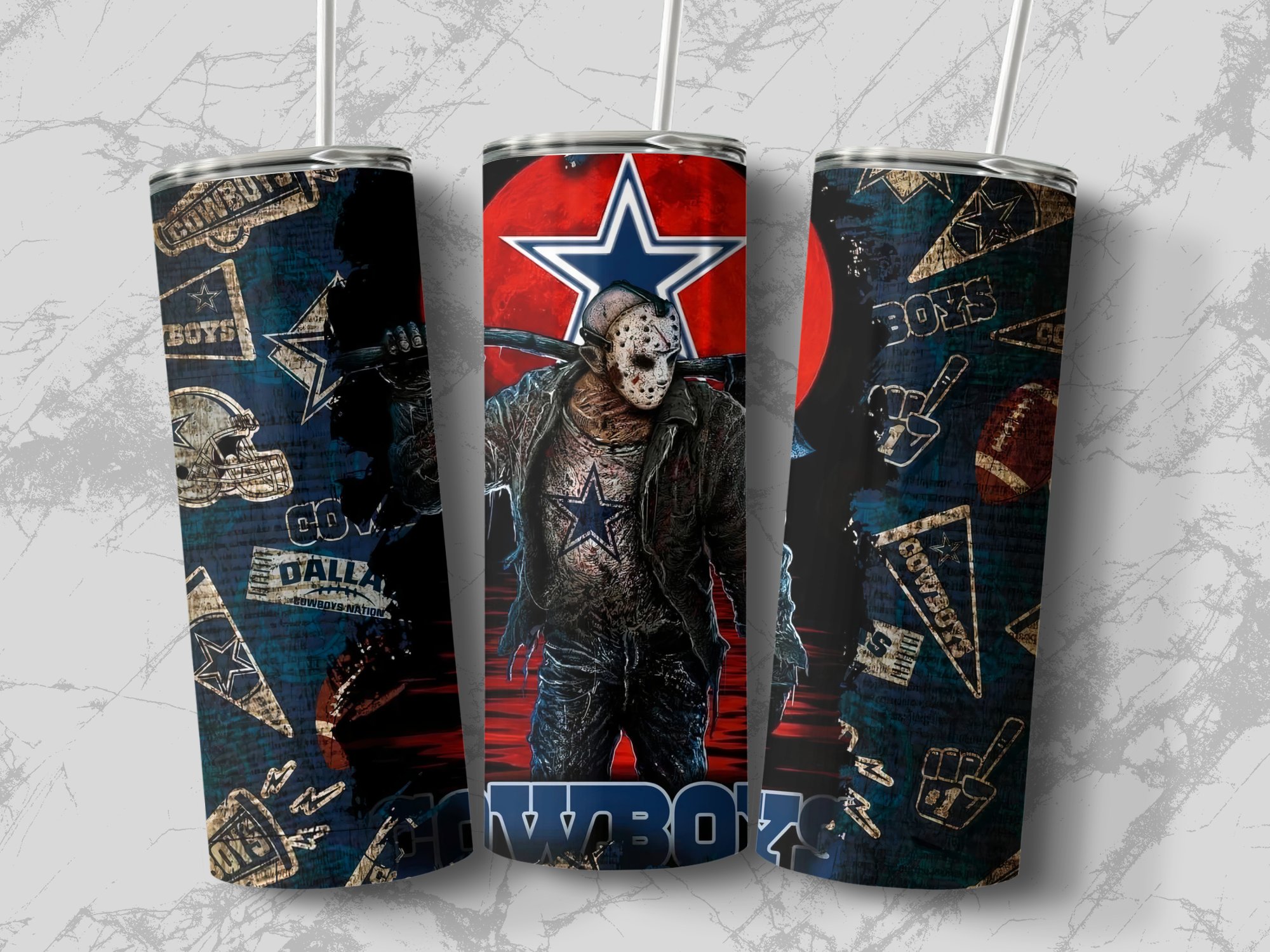 Horror Inspired 20oz Skinny Tumbler, Unique Cowboys Design Skinny Tumbler, 20oz Tumbler with Horror Theme for Fans - Image 2